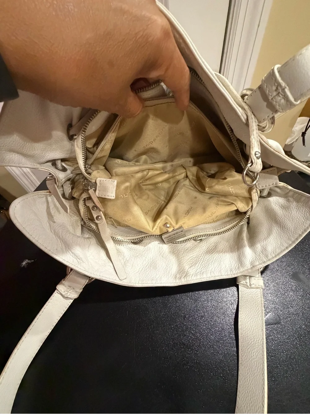 White Leather Drawstring Shoulder Bag